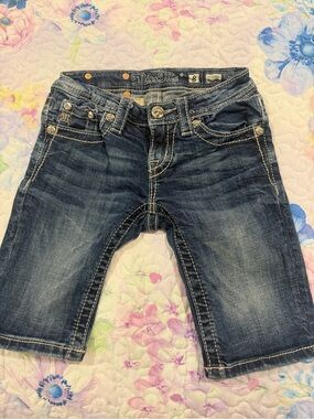 Miss Me Girls Dark Wash Denim Shorts with Contrast Stitching - Blue